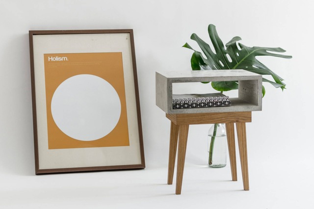 Concrete Bedside Table With Solid Oak Legs, Nightstand Organizer, Modern End Table, Scandinavian Design Side - image 1
