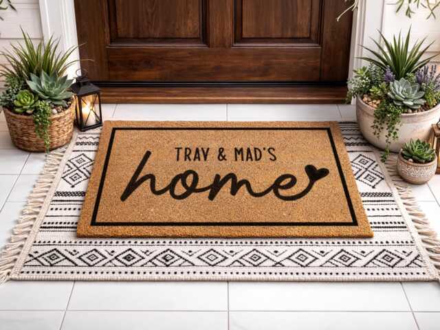 Tray & Mad's Home Mat - Custom Couple Entryway D??cor Heart Script Design - image 1