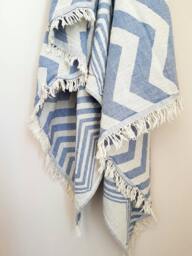 Denim Blue Stonewashed Towel - Soft Cotton Wrap Organic Natural Fouta Boho Home Couch Throw With Fringes Picnic - thumbnail 1