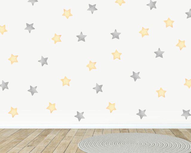 Watercolor Star Wall Decals Grey & Yellow Nursery Decor, Pack Of 42