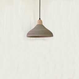 Handmade Gray Ceramic Pendant Light Carved Texture, Wood Canopy - thumbnail 2