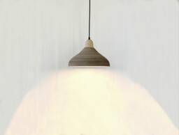 Handmade Gray Ceramic Pendant Light Carved Texture, Wood Canopy - thumbnail 1