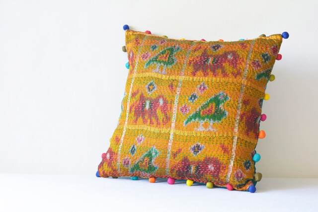 Yellow Ochre Vintage Kantha Pillow Cover, Patola Elephant Bird Motifs, Pom Poms - image 1