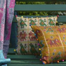 Yellow Ochre Vintage Kantha Pillow Cover, Patola Elephant Bird Motifs, Pom Poms - thumbnail 4