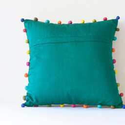 Yellow Ochre Vintage Kantha Pillow Cover, Patola Elephant Bird Motifs, Pom Poms - thumbnail 3