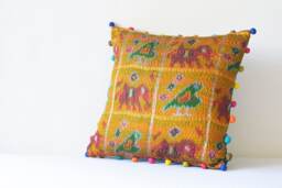 Yellow Ochre Vintage Kantha Pillow Cover, Patola Elephant Bird Motifs, Pom Poms - thumbnail 1