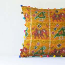 Yellow Ochre Vintage Kantha Pillow Cover, Patola Elephant Bird Motifs, Pom Poms - thumbnail 2