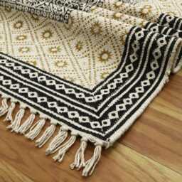 Hand Block Printed Cotton Runner Rug Gray & Black Boho Style - thumbnail 2