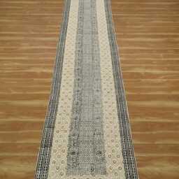 Hand Block Printed Cotton Runner Rug Gray & Black Boho Style - thumbnail 3