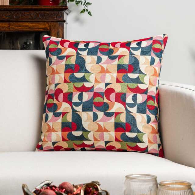 Moderna Tapestry Cushion. Navy Blue, Red, Olive Green, Blush Pink, Orange & Cream Geometric Curve Design. 17x17 - image 1