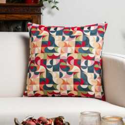 Moderna Tapestry Cushion. Navy Blue, Red, Olive Green, Blush Pink, Orange & Cream Geometric Curve Design. 17x17 - thumbnail 1