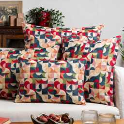 Moderna Tapestry Cushion. Navy Blue, Red, Olive Green, Blush Pink, Orange & Cream Geometric Curve Design. 17x17 - thumbnail 3