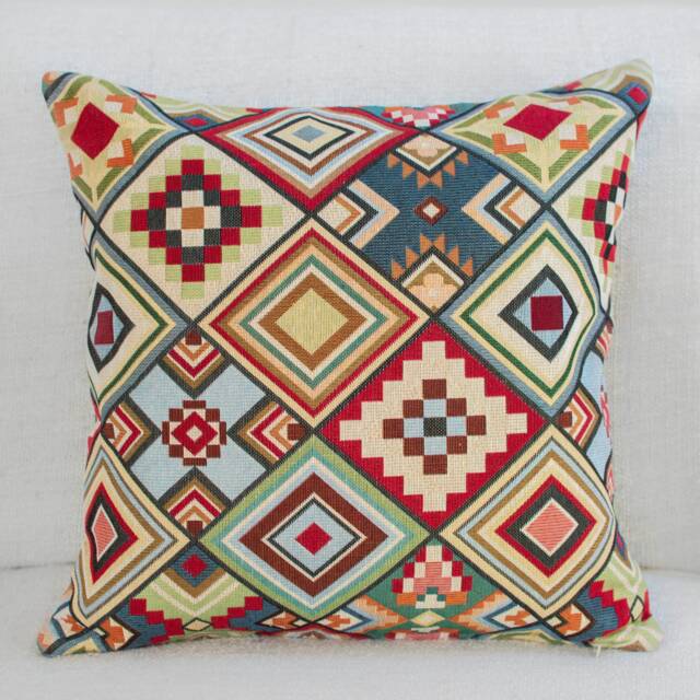 "Geometric Tapestry Double Sided Cushion. Multicoloured Red Blue Green Yellow Triangular Aztec Patten. 17""x17"