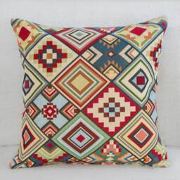 "Geometric Tapestry Double Sided Cushion. Multicoloured Red Blue Green Yellow Triangular Aztec Patten. 17""x17"
