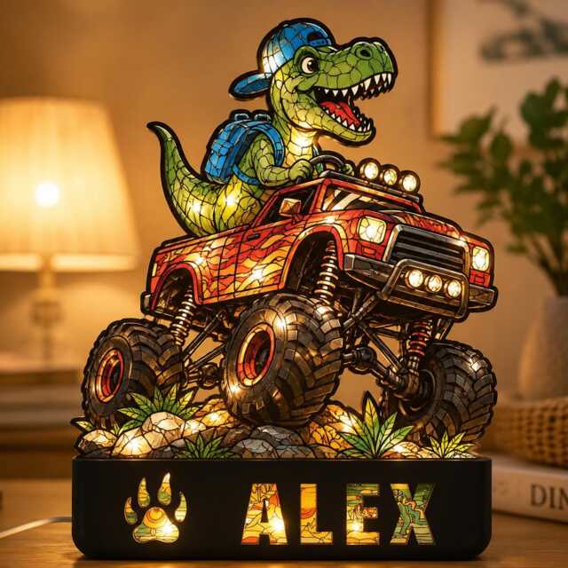 Custom Dinosaur Truck Night Light Box With Name Acrylic & Wood Art - image 1