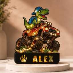 Custom Dinosaur Truck Night Light Box With Name Acrylic & Wood Art - thumbnail 4