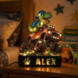 Custom Dinosaur Truck Night Light Box With Name Acrylic & Wood Art - thumbnail 3