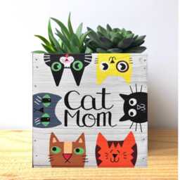 Cat Mom Planter Hand Painted Wood Succulent Planter, Mother's Day - thumbnail 3