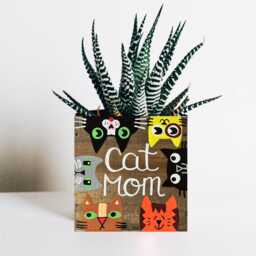 Cat Mom Planter Hand Painted Wood Succulent Planter, Mother's Day - thumbnail 1