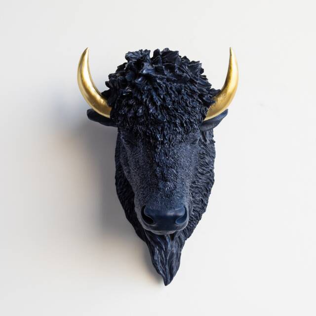 Faux Taxidermy Buffalo Bison Head - Wall Decor Navy & Gold Bih6553 - image 1