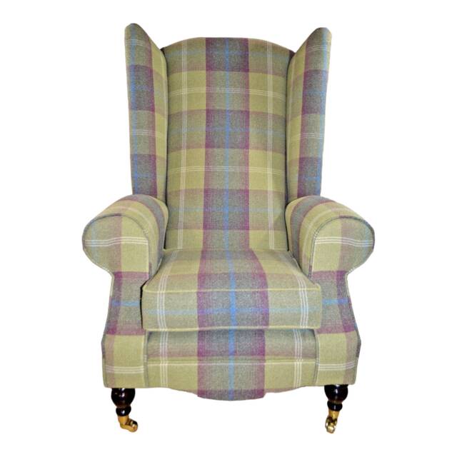 Queen Anne Wing Back Cottage Fireside Chair Extra Tall High Pistashio Green Tartan - image 1