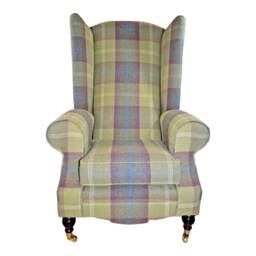 Queen Anne Wing Back Cottage Fireside Chair Extra Tall High Pistashio Green Tartan - thumbnail 1