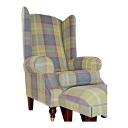 Queen Anne Wing Back Cottage Fireside Chair Extra Tall High Pistashio Green Tartan - thumbnail 2