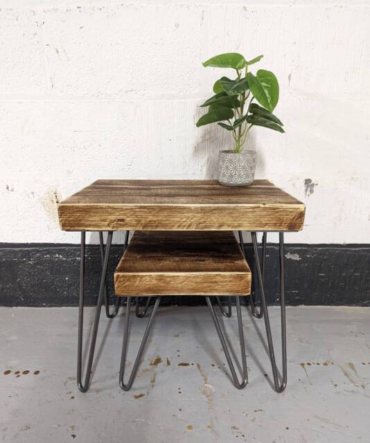 Deep Chunky Rustic Large Nest Of Tables, Supported By Steel Hairpin Legs - image 1