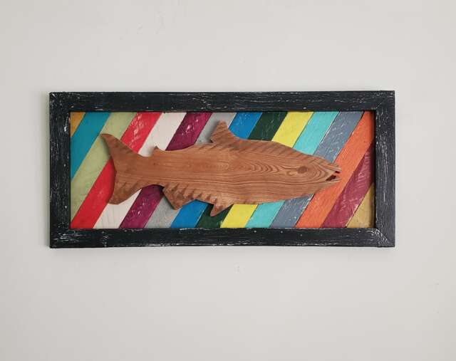 Framed Wood Salmon Wall Art, Colorful Lake House Decor - 24x10
