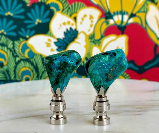 Chrysocolla Lamp Finials in Blue & Green On Shiny Chrome Hardware - A Matching Pair Of Mineral Specimen Toppers - image 1