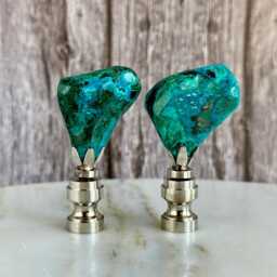 Chrysocolla Lamp Finials in Blue & Green On Shiny Chrome Hardware - A Matching Pair Of Mineral Specimen Toppers - thumbnail 2