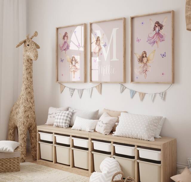 Fairy Prints For Girls Room, Wall Art, Set Of 3, Personalised Name, Little Posters, Pink, Bedroom Ethereal - image 1