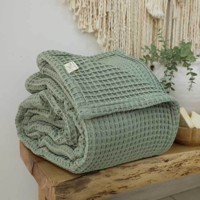 Sage Green Waffle Blanket Organic Turkish Cotton Bed Cover - image 1