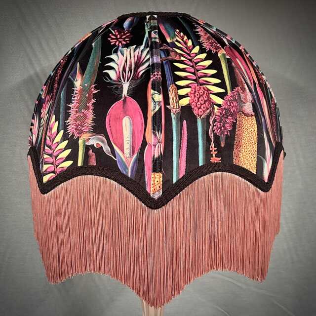Black Botanical Velvet Lampshade Handmade With Pink Fringe - image 1