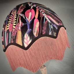 Black Botanical Velvet Lampshade Handmade With Pink Fringe - thumbnail 3