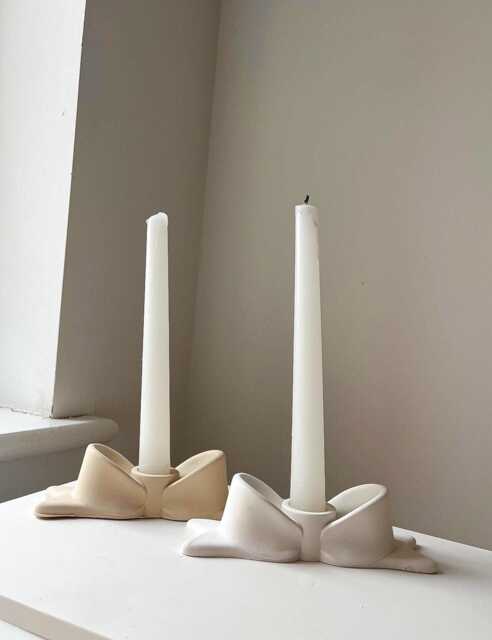 Bow Candle Stick Holder, Choose Different Colours Effects, Handmade - Jesmonite Neutral Home Decor & Gifts - image 1