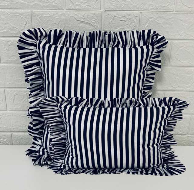 6 Colours Striped Frilled Pillow Square Cushion Blue Navy Nautical Decor Stripe & White Pink Red - image 1