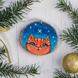 Red Cat, Wooden Slice Christmas Ornament, Hand Made Hanging Decoration - thumbnail 2