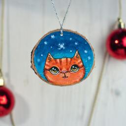Red Cat, Wooden Slice Christmas Ornament, Hand Made Hanging Decoration - thumbnail 3