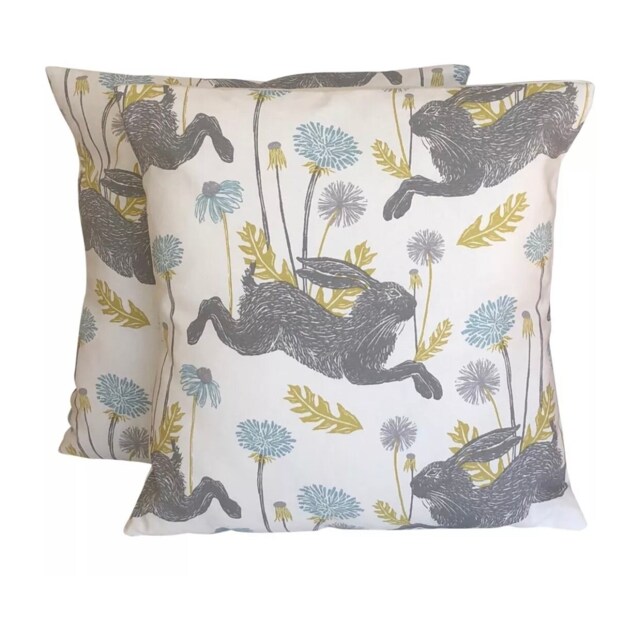 "Hare Print Cushion Covers Scandinavian Style, Mineral Blue & Grey - Set Of 2 16""-24" - image 1