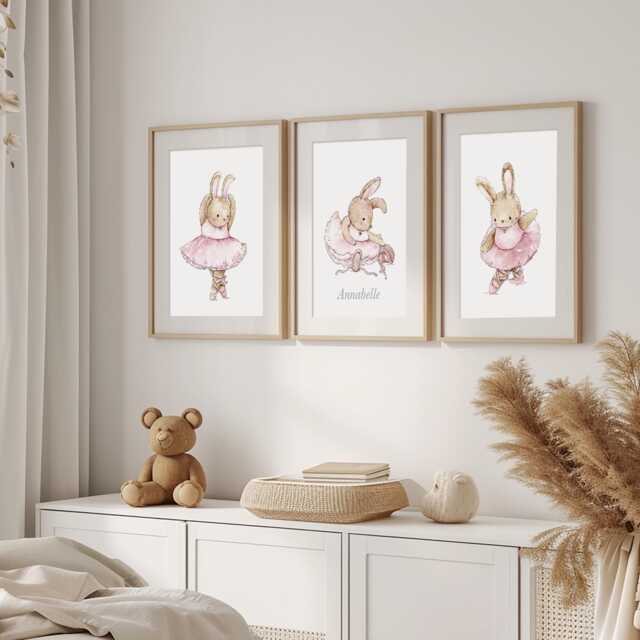 Bunny Ballet Wall Art Prints For Girls Bedroom. Personalised Rabbit Ballerina - image 1