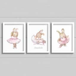 Bunny Ballet Wall Art Prints For Girls Bedroom. Personalised Rabbit Ballerina - thumbnail 3