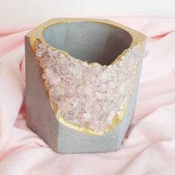 Rose Quartz Stone Geode Pot 10cm, Pink Crystal Planter, Pretty Medium Plant Pot, Concrete - thumbnail 1