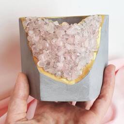 Rose Quartz Stone Geode Pot 10cm, Pink Crystal Planter, Pretty Medium Plant Pot, Concrete - thumbnail 3