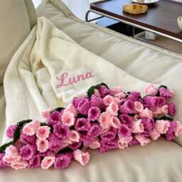 Custom Crochet Lily Of The Valley Bouquet Blanket, Embroidered Name, Teacher's Day Gift - thumbnail 2