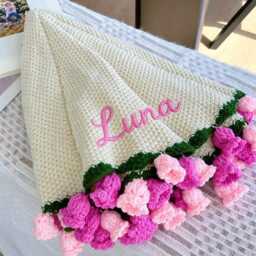 Custom Crochet Lily Of The Valley Bouquet Blanket, Embroidered Name, Teacher's Day Gift - thumbnail 3