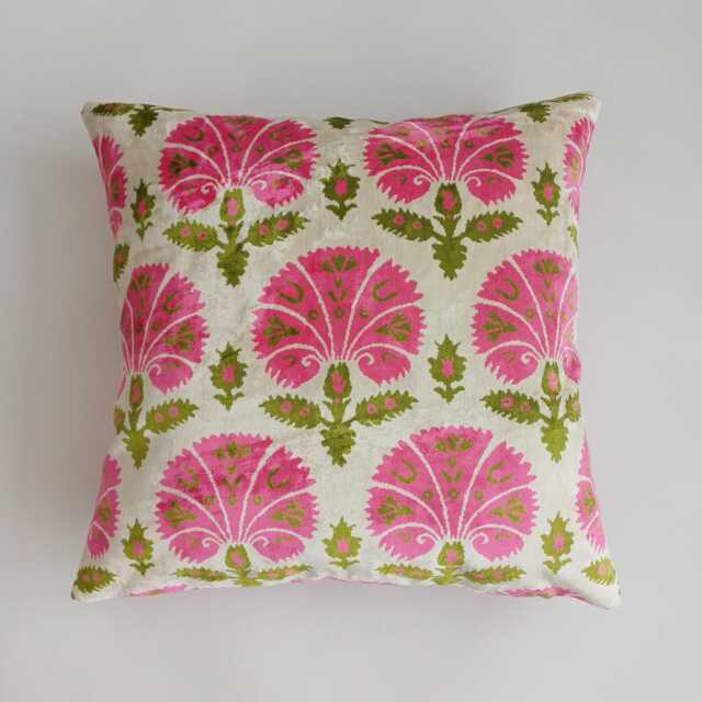 Silk Velvet Cushion Cover, Pink Carnations Pillow, Turkish Italian Jacquard Cushion, Ikat Decorative Pillow 20''x20''/50x50 cm - image 1