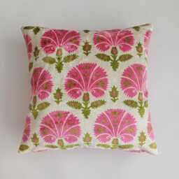 Silk Velvet Cushion Cover, Pink Carnations Pillow, Turkish Italian Jacquard Cushion, Ikat Decorative Pillow 20''x20''/50x50 cm - thumbnail 1