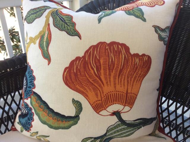 Hot House Flowers Pillow Cover, Celerie Kimble Schumacher Linen, Red Cord Trim - image 1