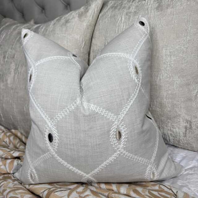 Greige Pillow Cover, Elegant Embroidered Cushion Cover Clarke & Opus Fabric, Cotton Blend Throw Cover - image 1
